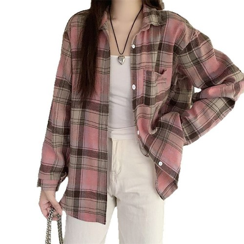 Cross-border French-style sweet girl blue checkered loose long-sleeved shirt women's middle-long length sun protection outerwear fashion