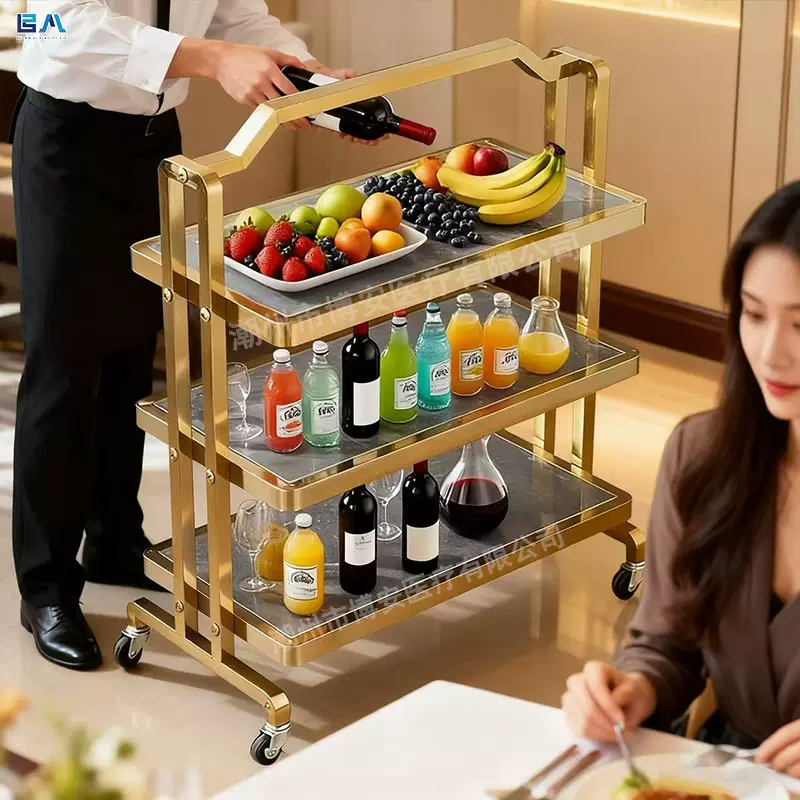 不锈钢国风轻奢岩板系列三层火锅菜架车酒店餐桌推车置物架餐新品