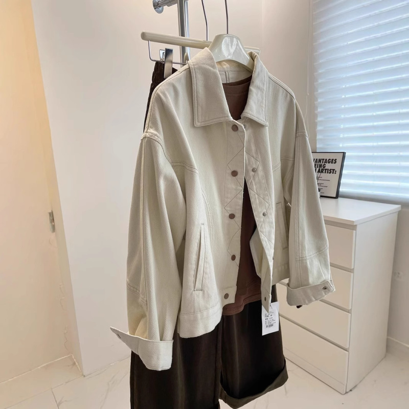 韩系ベージュデニムジャケット! 春と秋の明線のデザインに合わせて、やせてゆったりしています。|undefined