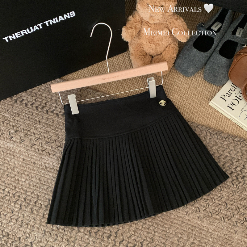 学院风高腰毛呢短裙灰色百褶裙女秋季新款显瘦百搭半身裙A字裙子