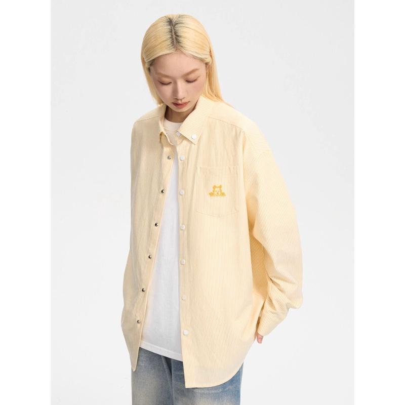 Spring and Autumn Gentle Lazy Yellow Striped Shirt Coat Men and Women Puppy Embroidered Contrast Color Loose Sun Protection Shirt Long Sleeve