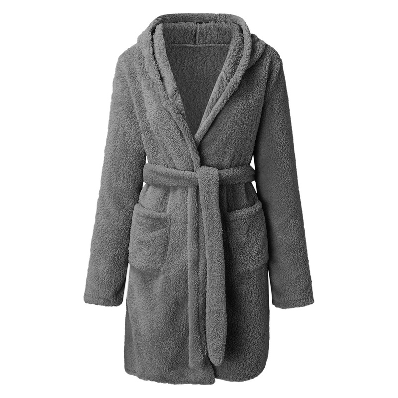 In-Stock Cross-Border Hot-Selling Amazon Ebay European and American Style Plush Pajamas Solid Color Hooded Home Warm Bathrobe for Women