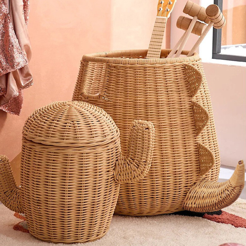 Ratán hecho a mano dinosaurio forma baño cesta de lavandería misceláneas cesta Hotel B & B decoración almacenamiento cesta de almacenamiento juguete