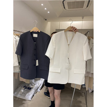 韩国东大门夏季新款时尚v领单排扣短袖小西服纯色西装外套女
