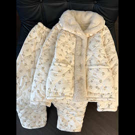 少女甜美碎花三层夹棉睡衣女冬季新款加厚保暖毛绒家居服大码套装