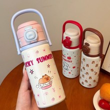 冬季新款可爱保温杯学生开学季便携提手大容量双饮弹跳吸管杯礼品