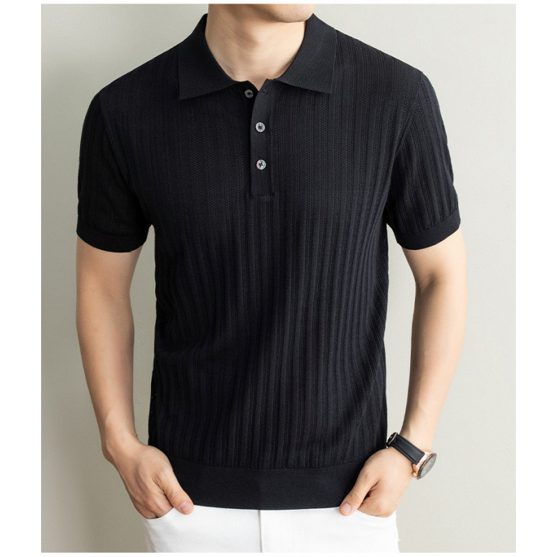 Men's Ice Silk Breathable Polo Shirt Short Sleeve Hollow Out Jacquard Knit Summer Casual Loose Versatile Top_viptrois.com