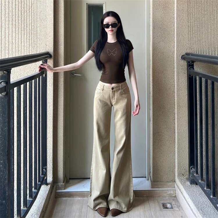 American Retro Khaki Jeans for Women 2025 New Autumn and Winter Low-Waist Slim Fit Non-Tight Flared Pants