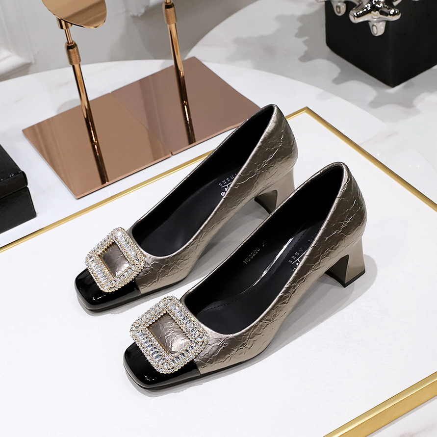 5299-K32 Korean Style Light Luxury Women's Chunky Mid Heel Shallow Mouth Burst Pattern Patchwork Square Toe Metal_vogvips.com