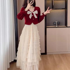 秋套装女小个子穿搭一整套小香风上衣服层层网纱蛋糕半身裙两件套