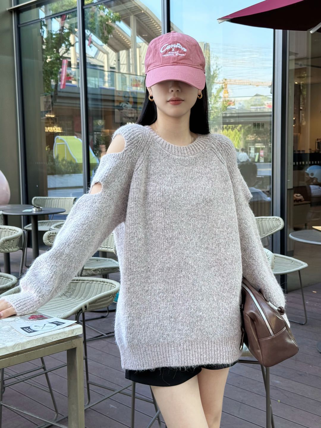 24 Dongpuyuan coreano de diseño de hombro abierto sensación de camisa de punto nueva amplia explosión con suéter de lana