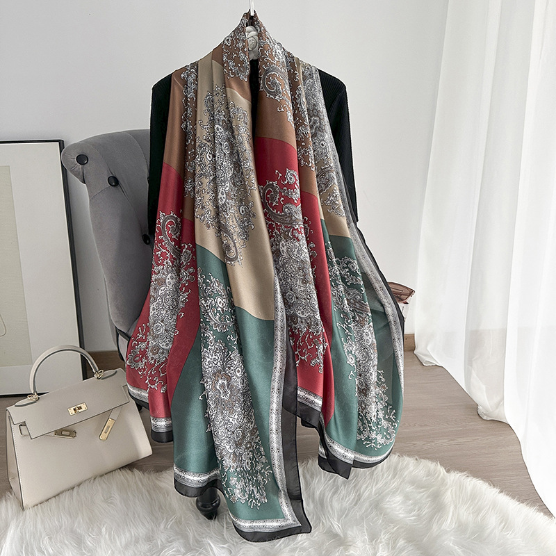 Pañuelo de seda fino de primavera y verano, pañuelo largo con estampado de alta calidad, nuevo pañuelo de protección solar de viaje de satén de seda, chal de viento étnico, protector solar femenino