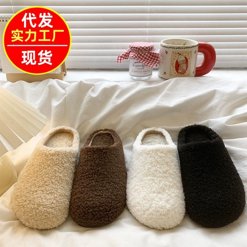 平底包头半拖鞋毛毛拖女2025秋冬外穿保暖毛绒棉拖鞋白色毛毛拖鞋