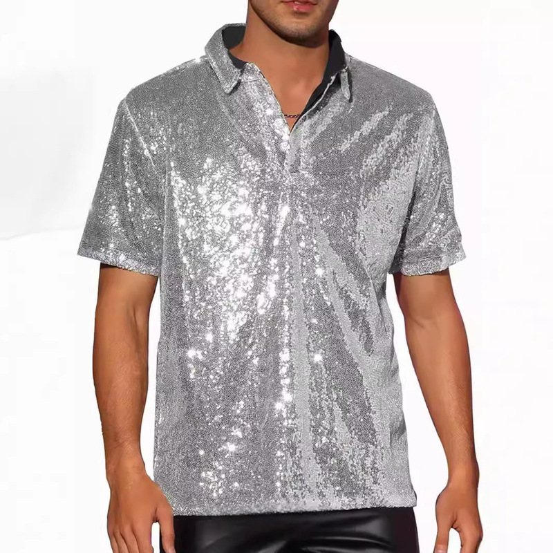 2025 Cross-Border Men's Sequin Decorated T-Shirt Retro Disco Polo Men's Shirt T-Shirt