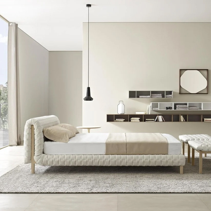 Italian Minimalist Wabi-Sabi Style Solid Wood Bed, French Designer Villa Double Wedding Bed, Impressionistic Space Creative Fabric Bed