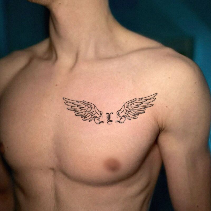 Black and gray dotted asymmetrical wings tattoo sticker, cursive letter Y, vintage angel wings waterproof tattoo sticker Black and gray dotted asymmetrical wings tattoo sticker, cursive letter Y, vintage angel wings waterproof tattoo sticker