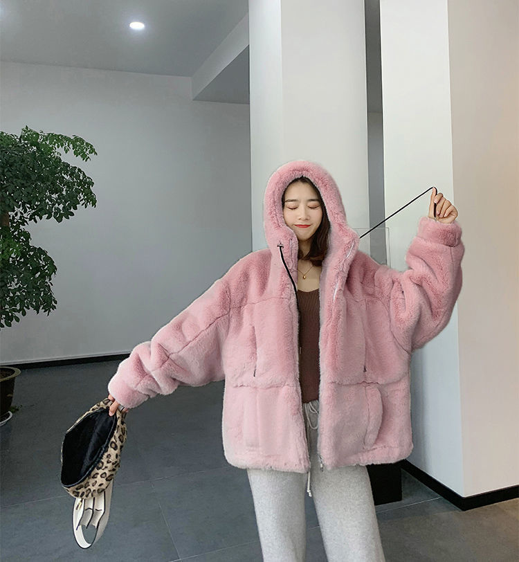 2022 Autumn and Winter New Imitation Fur Coat Women's Imitation Rex Rabbit Fur Hooded Plush Coat Loose Warm