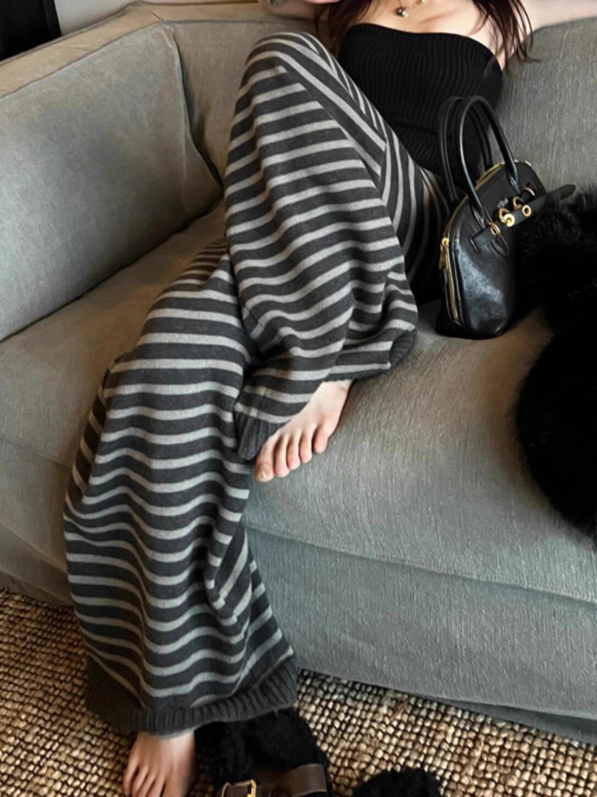 超绝松弛感经典款撞色条纹阔腿裤秋冬2025厚实保暖复古小众拖地裤