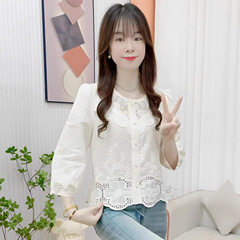 时髦洋气刺绣衬衫女蕾丝拼接圆领上衣秋季爆款气质外贸七分袖小衫