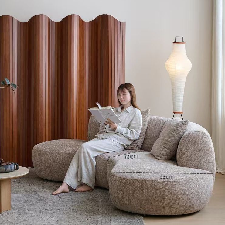 Living Room Crescent Sofa, Mid-Century Style Curved Modular Sofa, Wabi-Sabi Style Large Flat Villa Fabric Sofa Wood