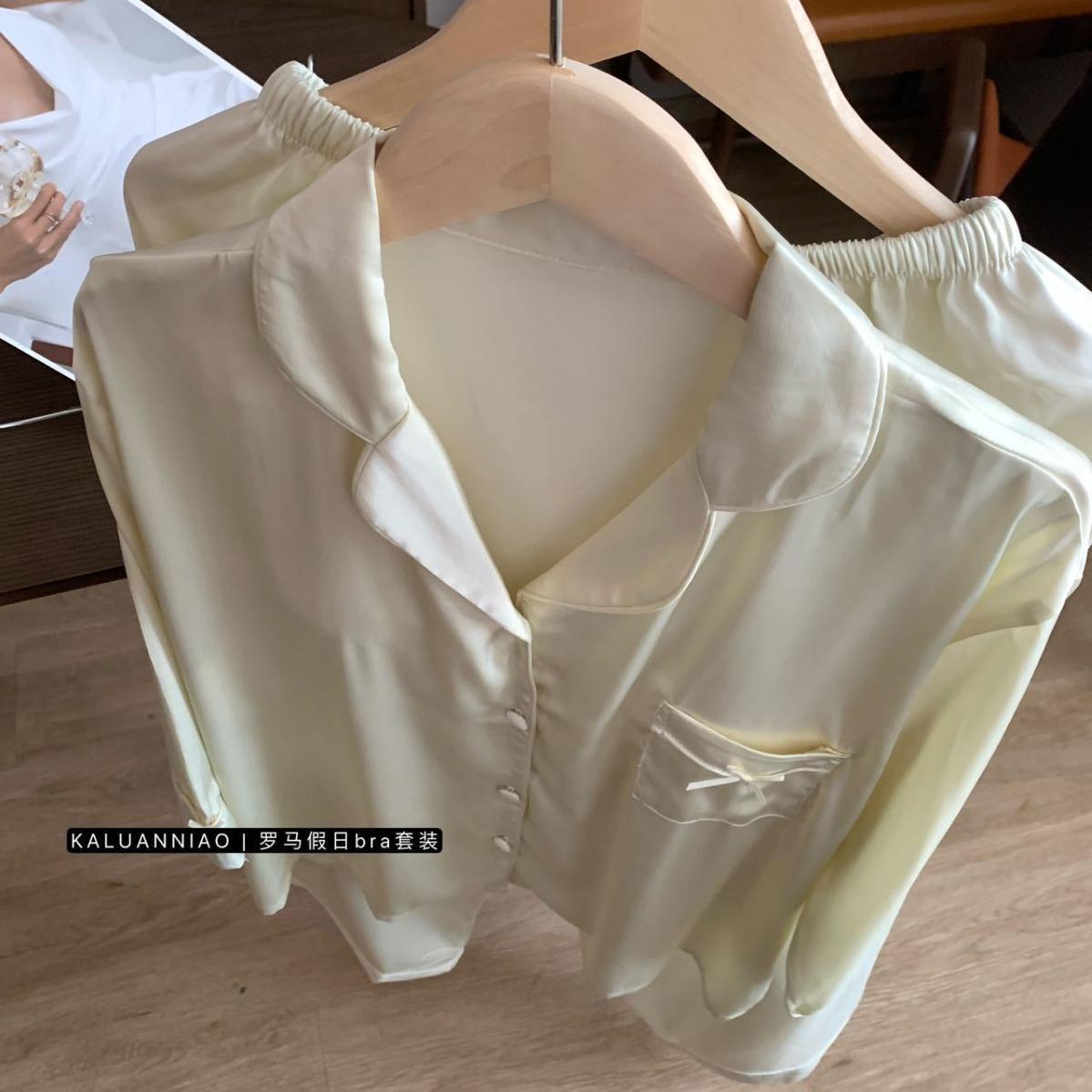 Kaluanniao Roman Holiday Bra Set Pajamas Women's High-End Ice Silk Home Clothes Autum Women's Long Sleeves