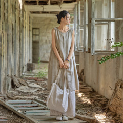 25秋綿麻婦人服新作リネンタイダイロングワンピースゆったり着痩せシンプルアーティスティック風レディースノースリーブワンピース