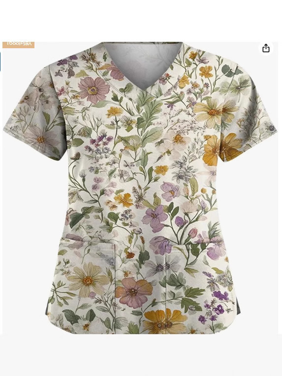 2025 Women's Animal Pattern Nursing Uniform Printed V-Neck Stretch Nurse Uniform Short Sleeve Patch Pocket Medical Nurse Uniform