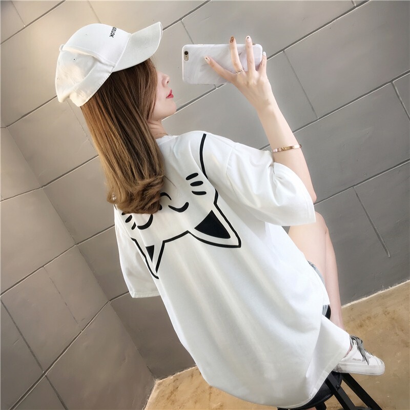 ミドル丈ゆったり夏イントレンドゆったりスリット韓国風ポケット猫半袖Tシャツおしゃれで万能なイントレンド|undefined