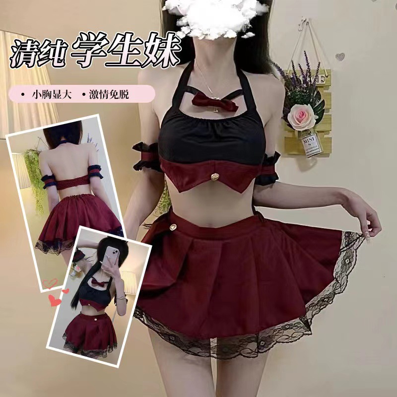 Sexy Lingerie Sexy Uniform Cute Campus jk Cut Out Halter Skirt Pleated Short Skirt Suit Pure Desire Preppy Style