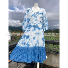 原创民族风文艺大理扎染蓝染棉麻九分袖连衣裙长裙提花时尚连衣裙