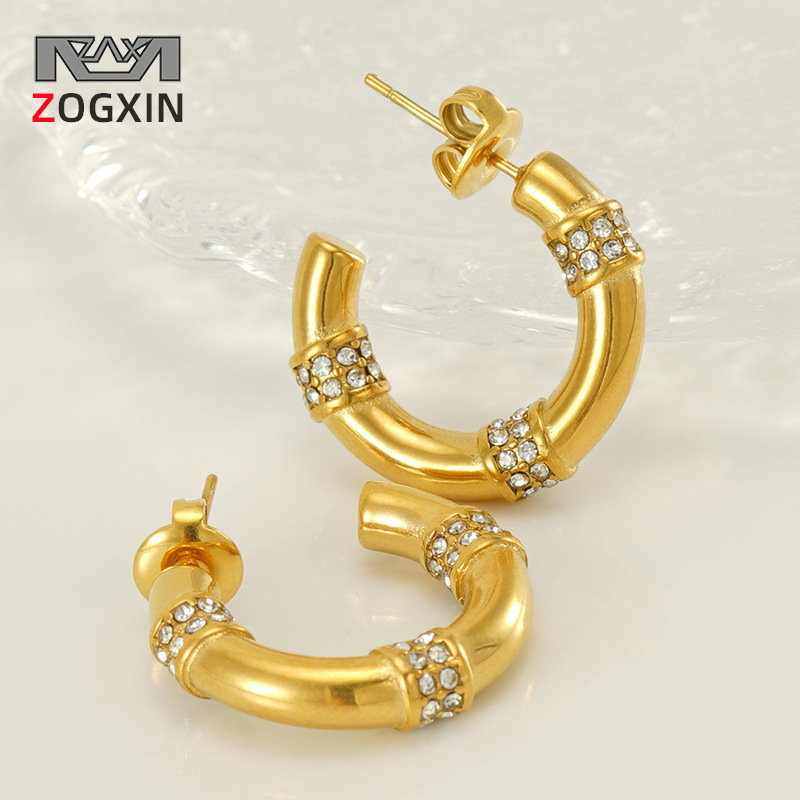 Pendientes de bambú de diamantes de acero inoxidable europeos y americanos transfronterizos pendientes geométricos retro de acero de titanio dorado femenino pendientes en forma de C