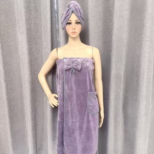 Cute Bow Tube Top Coral Velvet Bath Skirt Shower Cap Set Absorbent and Easy to Dry Lace Bath Skirt Dry Hair Cap Two-Piece Set