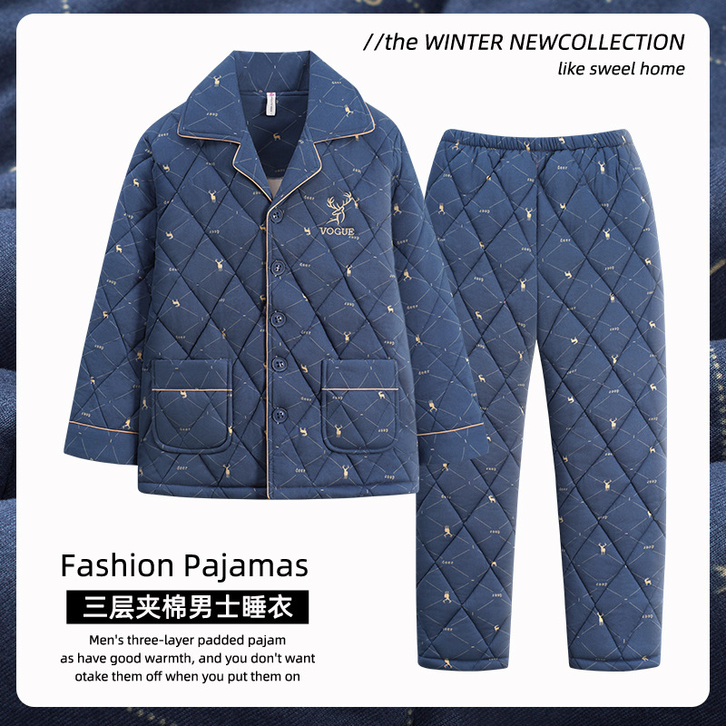 Men's Pajamas Winter Pure Cotton Three-Layer Thickened Quilted Warm Cotton Jacket Middle-Aged Dad Loose Home Clothes Set Wholesale