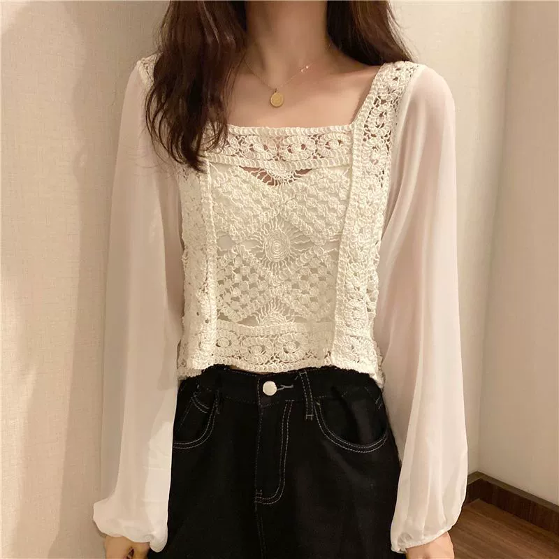 Short blouse, women, French style, square neckline, long sleeves, autumn 2025