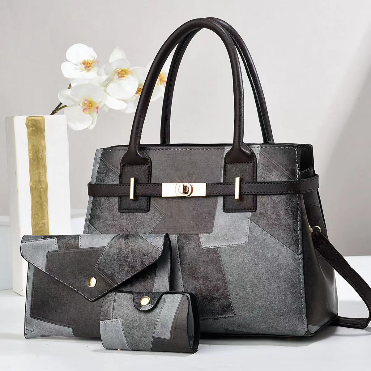 Elegant, Classic Style Style Square Shape Women's Pu Leather Color Block Elegant Classic Style Square Zipper Bag Sets Tote Bag