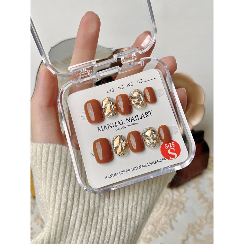 [original Real Shot] Autumn and Winter New Wearable Nails Amber Brown Brown Pure Handmade Manicure Patch Champagne Sparkling Short