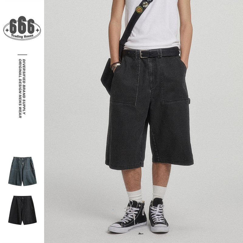 OUSWE American Retro 90 s Fashion Brand Loose Washed Denim Shorts Men's Pants Summer Capri Pants RK66