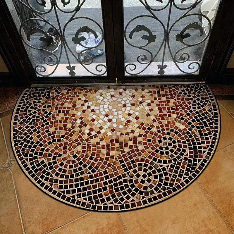 Alfombra de entrada semicircular estilo americano vintage de Amazon Temu, alfombra de terciopelo cristalino, resistente a la suciedad, a prueba de polvo, fácil de mantener.