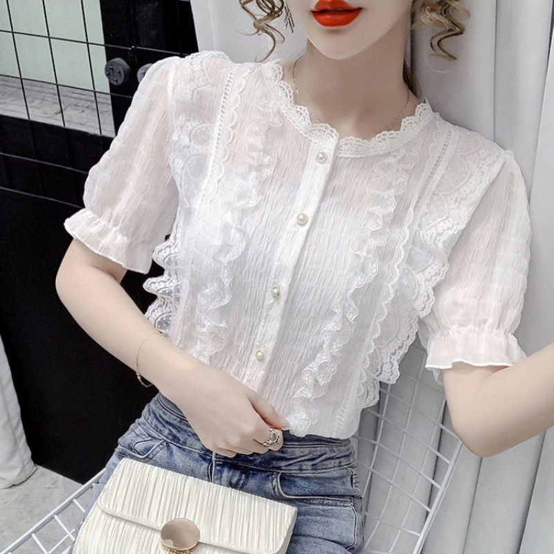 Puff Sleeve Chiffon Top 2021 New Summer Style Cut Out Lace Ruffled White Shirt Women's Short Sleeves