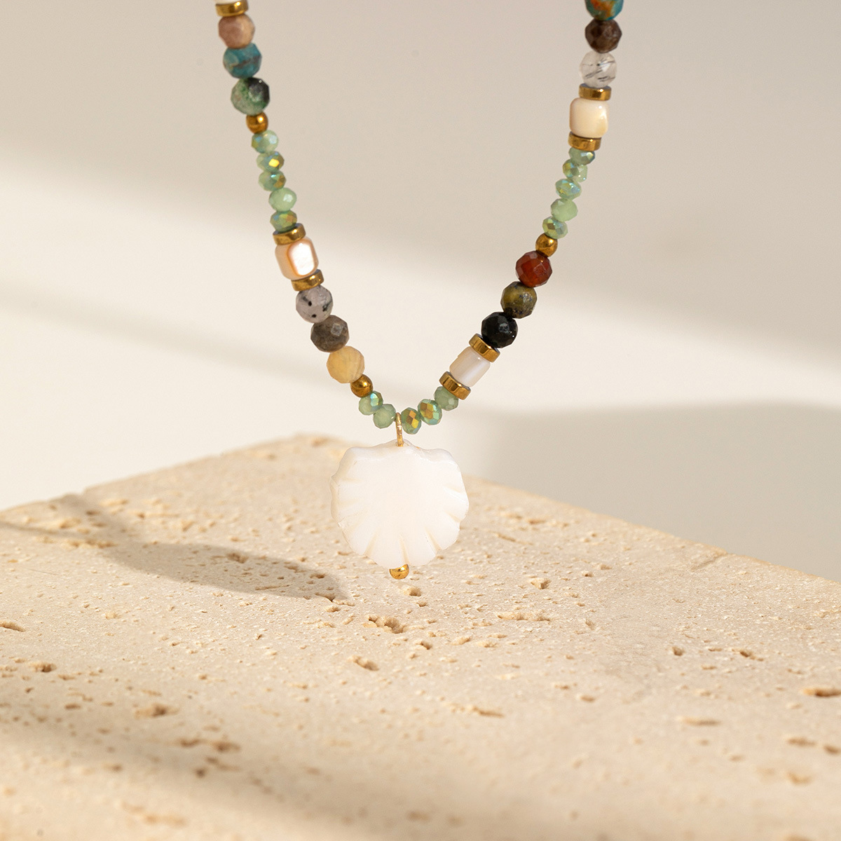 Ethnic Style Shell Stainless Steel Beaded Alloy Inlay Shell Necklace_colorza_4