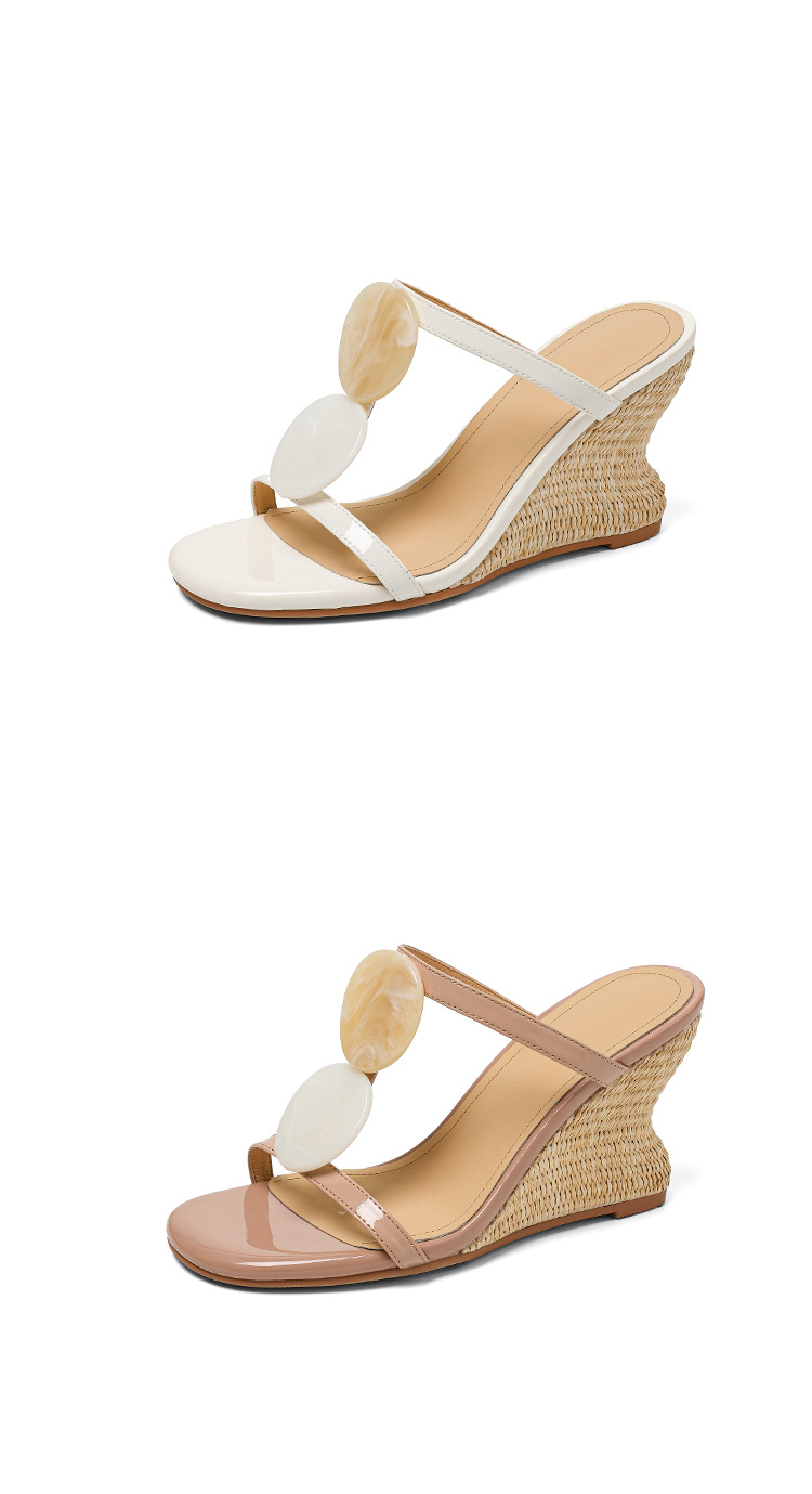 Dép sandal nữ quai chữ V đế xuồng bện rơm gót cao 7 cm — Trần truồng hồng, màu trắng ngà chi tiết 17