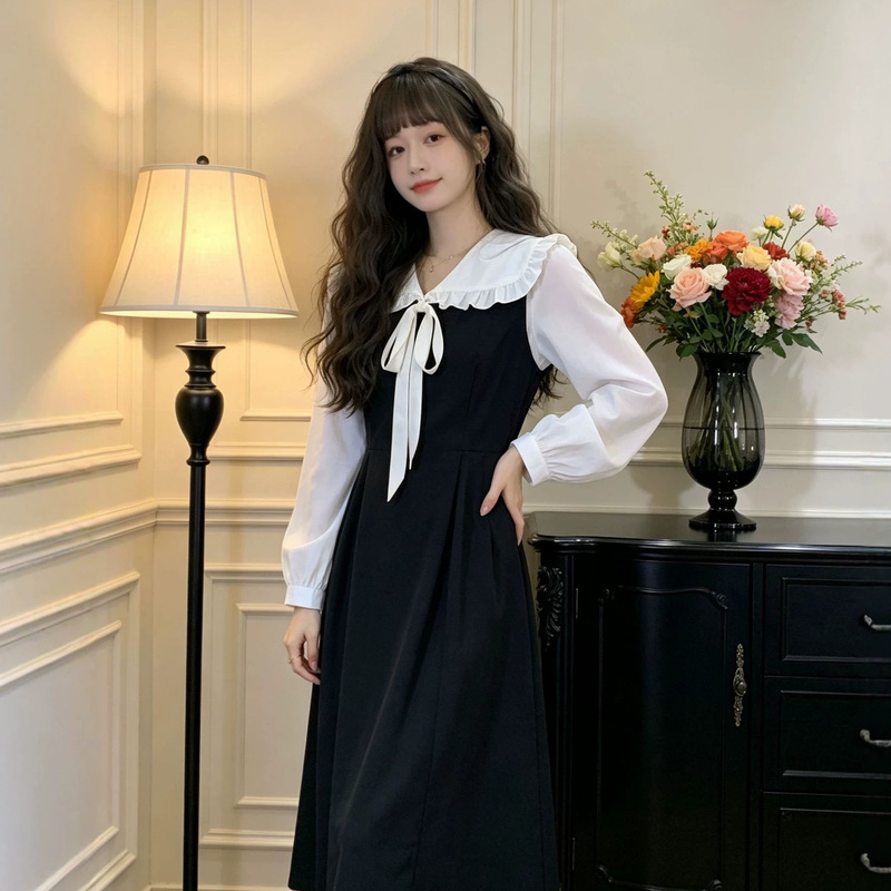 Vintage Stitching Fake Two-piece Long-sleeved dress Women's Autumn and Winter Elegant Doll Collar Long Dress Vintage Stitching Fake Two-piece Long-sleeved dress Women's Autumn and Winter Elegant Doll Collar Long Dress