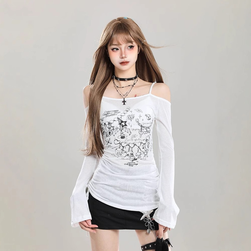 S010 Hot Girl Graffiti Cartoon Print Long Sleeve Blouse Women's Summer High-Quality Waist Slimming Stunning Off-Shoulder Top