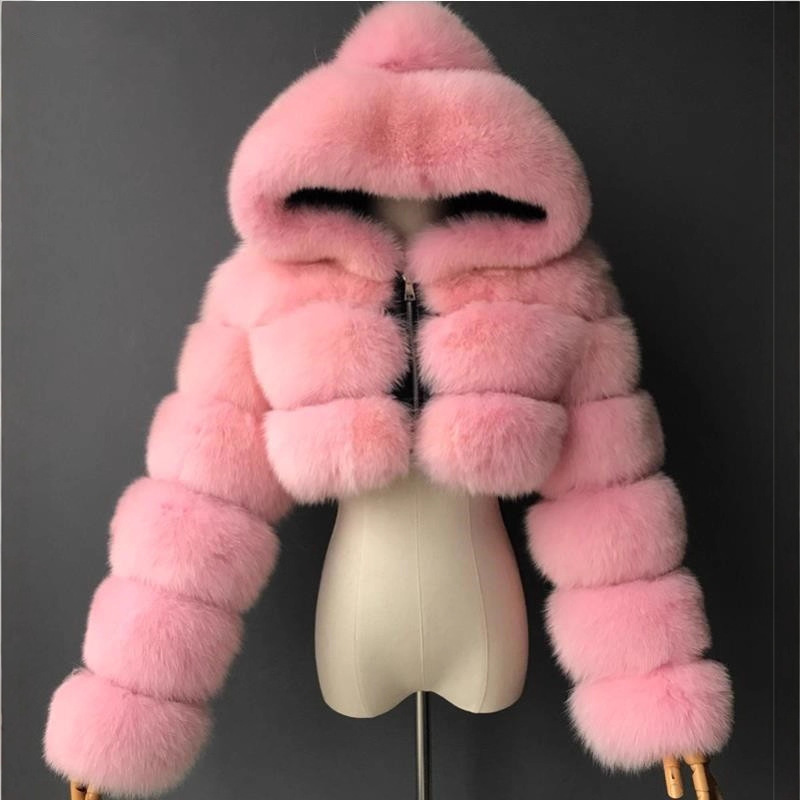 European and American Style Short Faux Fur Coat with Hood, Faux Fox Fur, Long Sleeves, Patchwork, Wholesale Short Fur Coat for Women