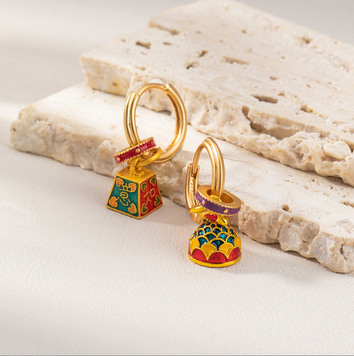 Enamel Rainbow Fish U-Turn Earrings 925 High-end Sense of Satisfaction Ancient Gold Earrings New Chinese Retro Earrings