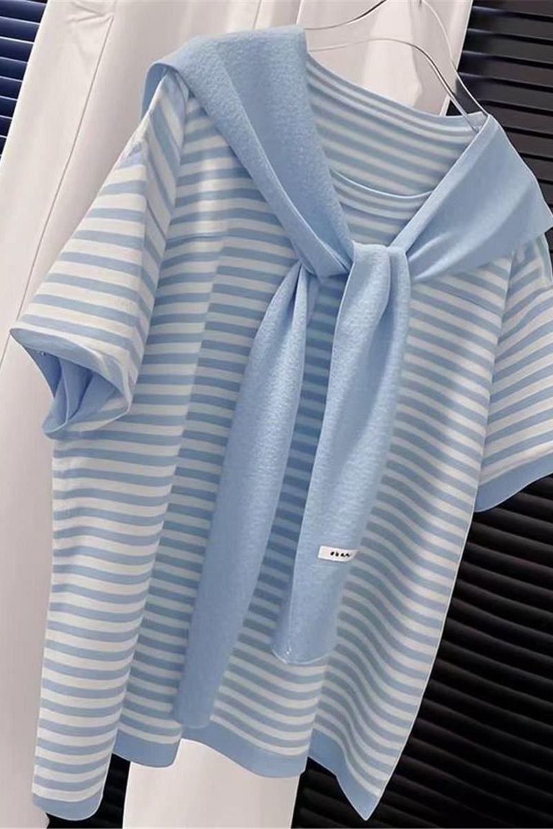 Áo thun nữ tay ngắn dệt kim sọc xanh phối khăn choàng phong cách Hàn Quốc — Sọc màu xanh [Hàn Quốc/Đơn giản/Bộ đầu/Tính khí/Giảm tuổi/Mới chi tiết 1
