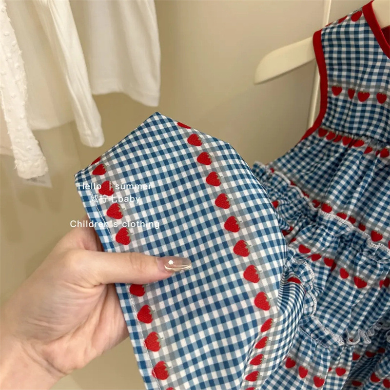 Xianning siete ropa para niños verano nuevo estilo niña dulce azul a cuadros vestido sin mangas falda chaleco de cereza de bebé femenino