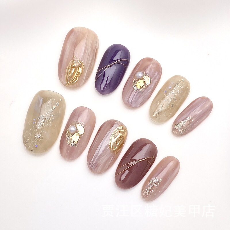 Sugar Fei Manicure Purely Handmade Wearable Nails Hand-Painted Magic Mirror Powder Smudged Pearl Light Luxurious Oil Painting Style Fresh Short Oval
