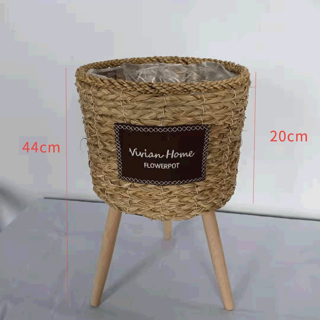 Piso de La Flor soporte de madera pierna piso flor soporte tejida flor olla sala de estar balcón decoración flor cesta paja tejido piso soporte