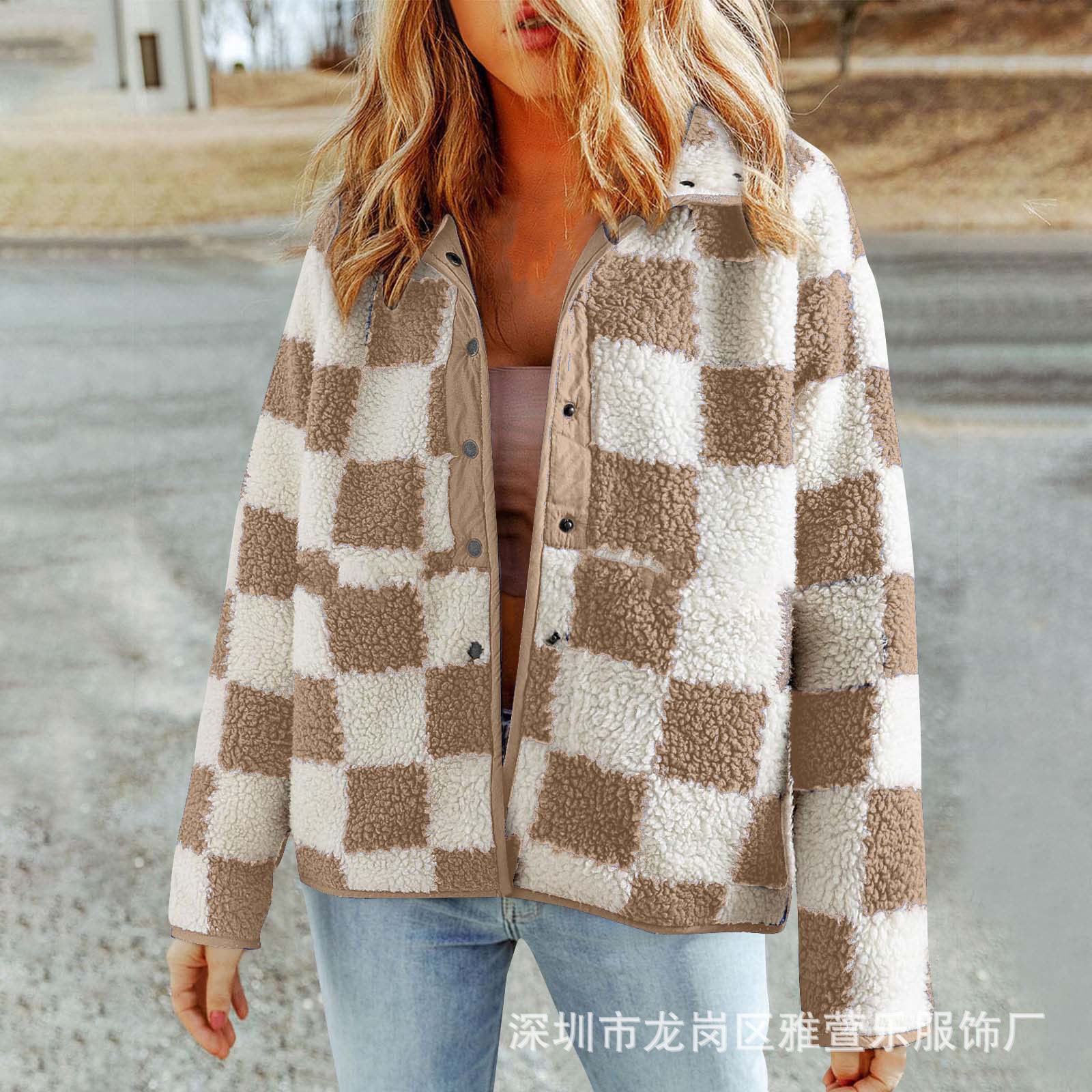 2024 유럽과 미국 국경 아마존 여성의 겨울 새로운 체크 무늬 LAMBSWOOL 탑 컬러 대비 스티칭 긴 소매 코트